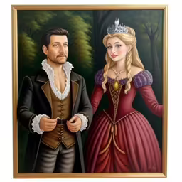 a man and woman in period costumes in a frame,an old portrait of a man and woman dressed up