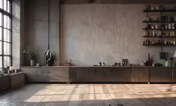 the kitchen has a wooden floor and a large wall with shelves