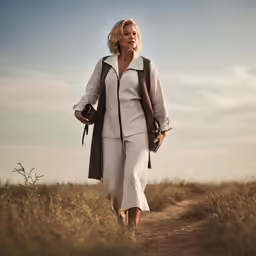 an old woman walking down a dirt road