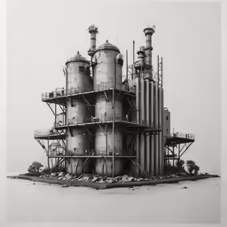 this is an image of several metal pipes and a building