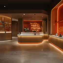 the interior of a bar is well lit and features orange lighting