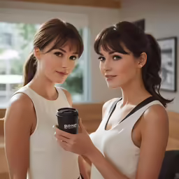 two women are holding cameras near one another