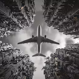 a large jetliner flying through the middle of a factory complex