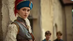 two people dressed in renaissance outfits looking into the distance