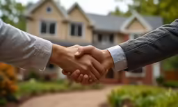 two people holding hands in front of a house