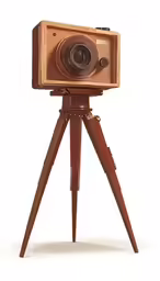 a wooden tripod style camera sitting on top of a white wall
