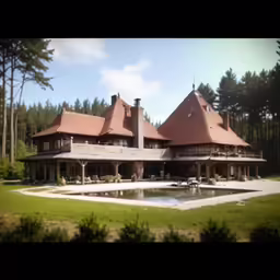 an image of a large house with a pool in front of it