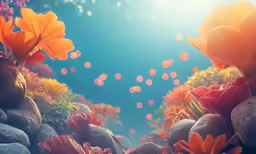 some water and rocks with yellow flowers on top
