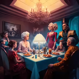 several adults sitting around a dinner table with food