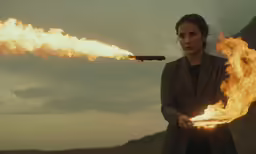 a woman holding an object with flames in her hands