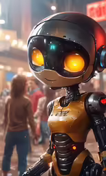 the robot is walking on the street in front of people