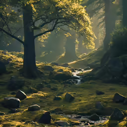a stream in the middle of a green, rocky, forest