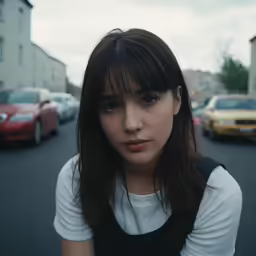 the woman is standing alone in front of parked cars
