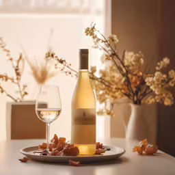 a white bottle, glass and plate with food and flowers