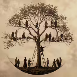a group of people that are standing on a tree