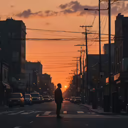 a silhouetted person walking down the road towards sunset