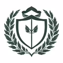 the crest of an organization, with a ribbon around it and leaves in front of it