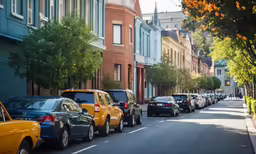 cars are parked along the side of this street