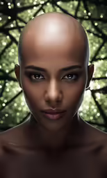 a young woman in front of a background with lights