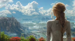 a woman wearing a white dress looking out over a landscape,an artist