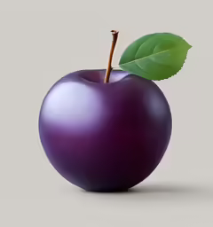 a purple apple with a leaf on a gray surface