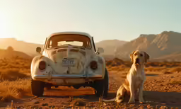a dog and a car sitting on a dirt road