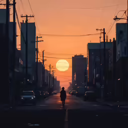 silhouette of a person walking down the street at sunset