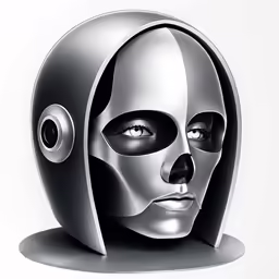 a person in a futuristic mask that is black and white