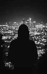 person facing a city at night with lights on