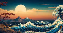 a landscape showing mountains, seas and waves in the sunset,a painting with the sun setting behind mountains