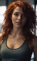 a woman with bright red hair and big breast