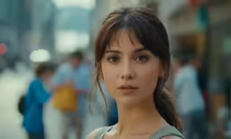 a woman wearing blue is standing in the middle of a street