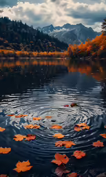 a lake surrounded by trees and a bunch of orange leaves