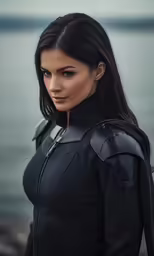 a woman in leather outfit posing near the water
