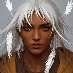 a close up of a white woman with feathers