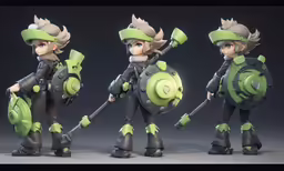 three animated figurines, each with various armor options