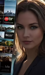 woman with blue eyes holding up a large piece of advertising