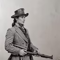 woman holding gun in foreground in vintage photograph