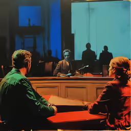 the man and woman are sitting in the courtroom