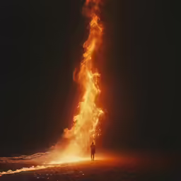 a fire spewer is silhouetted against a dark background