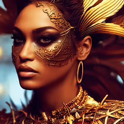 a woman with feathered hair is wearing a golden mask