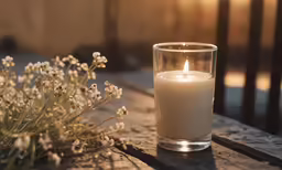 a glass of white flowers on a table