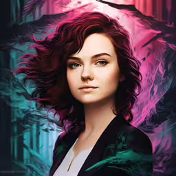 a portrait with red hair and green eyes is shown,a young woman with long hair and an abstract background