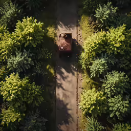 top down view of a red luggage bag sitting on a pathway