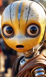 the strange looking doll is wearing earbuds