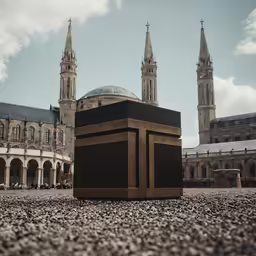 a very large statue in front of some big buildings