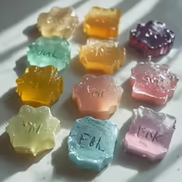six jelly bears all in different colors and shapes