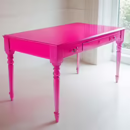 an antique table painted pink with one drawer