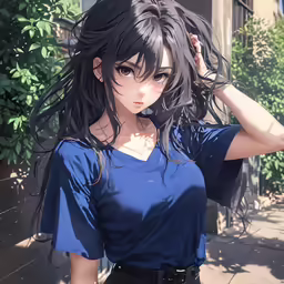an anime girl wearing a blue dress with her hair in the wind