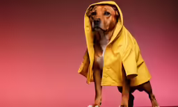 dog in yellow rain coat with tennis shoes on table